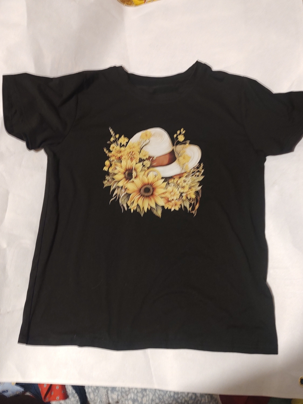 Women's Black Tee with Sunflower Hat Graphic